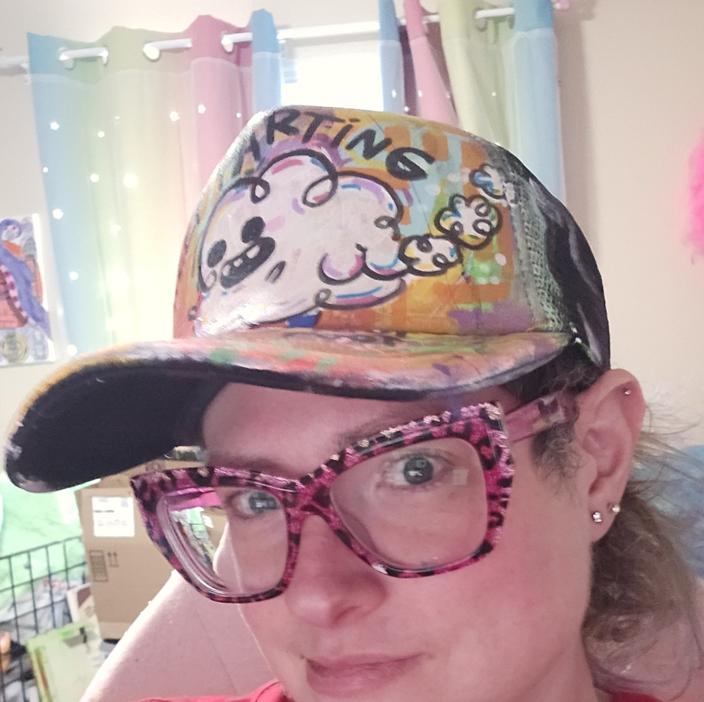 HAND PAINTED OOAK Colorful Graphic Cap with cloud Cartoon Making Farting Noises